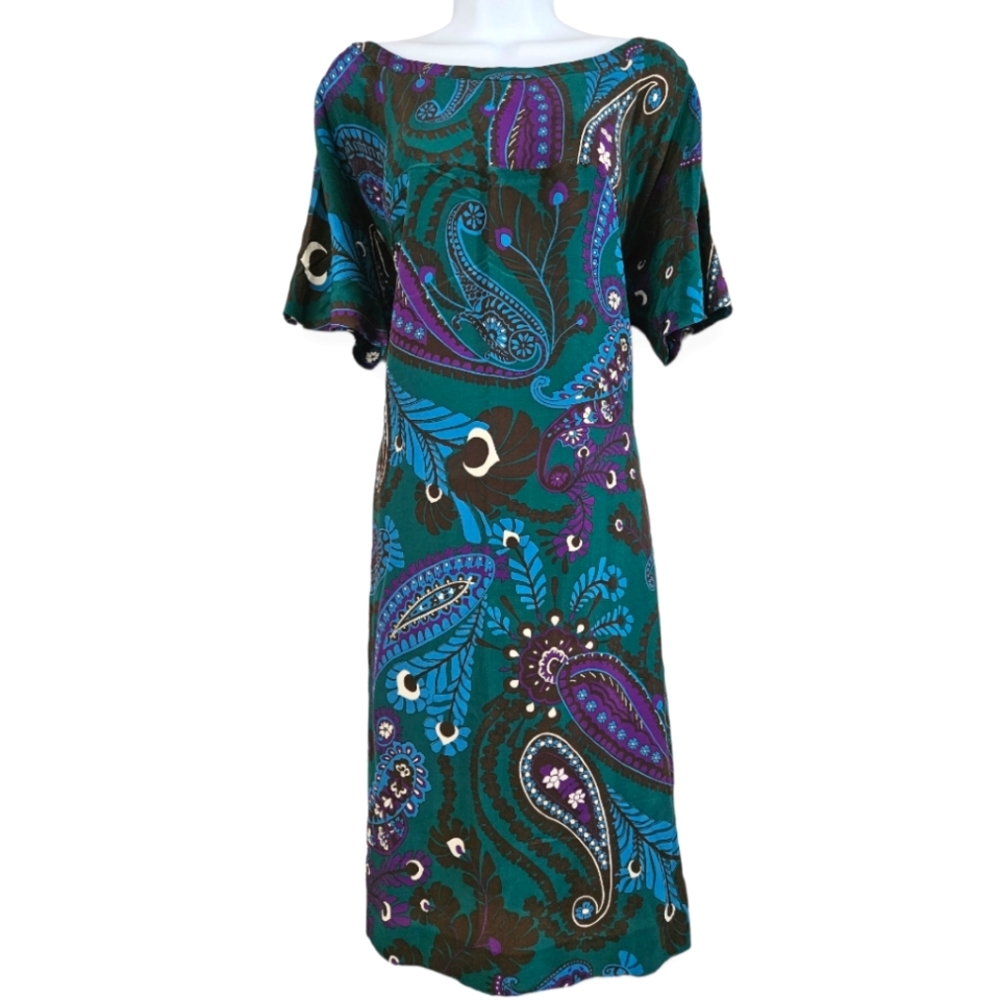 Banana Republic teal blue & purple paisley silk sheath dress Womens XLarge